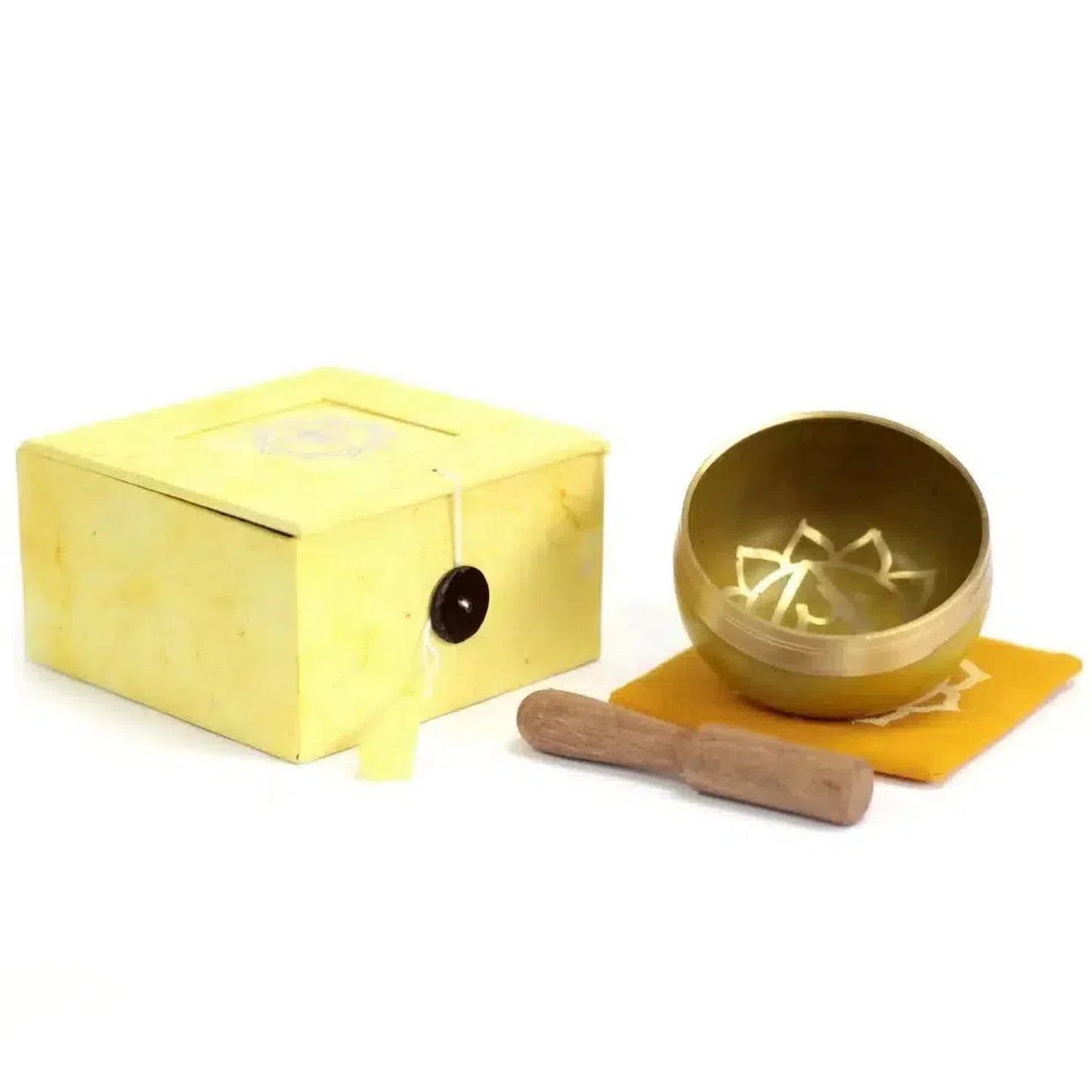 Solar Plexus Chakra Singing Bowl Gift Set. Meditation & Sound Therapy - A singing bowl is played by resting the bowl on the flat of the hand and rotating the stick around the outside rim of the bowl. The perfect Chakra gift, use the wood end of the stick to make the bowl sing. A gift that will make someone more than happy - bringing a little extra inner calm. Buy Now at Sacred Remedy