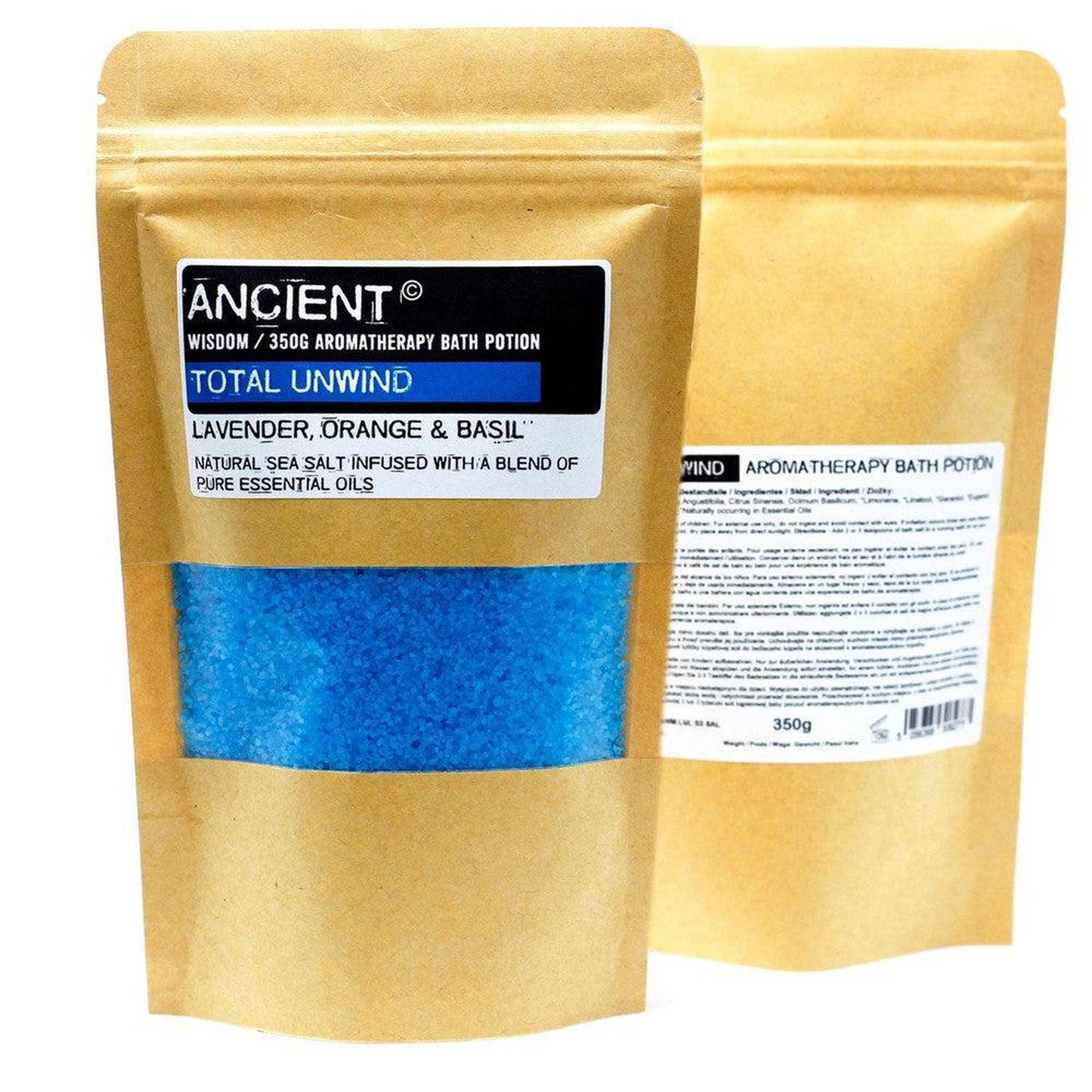 Total Unwind: Aromatherapy Bath Salts: Unwind & De-Stress - Lavender, Orange & Basil natural sea salt infused with a blend of pure essential oils. Calming properties of lavender oil help create a serene environment that is optimal for resting well & staying asleep. Its light, floral scent can also help ease feelings of tension & will make you feel at ease & peaceful emotionally Buy Now at Sacred Remedy