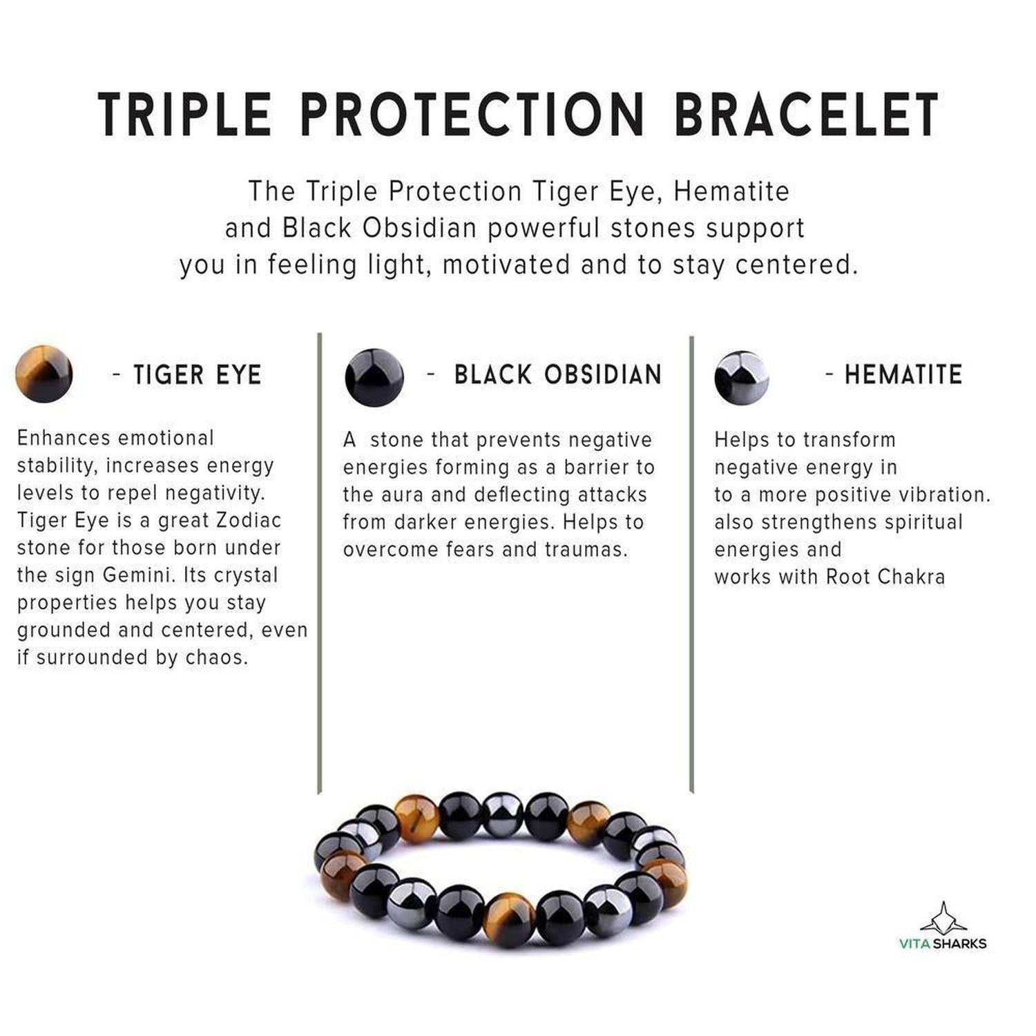 Triple Protection Bracelet - Tiger's Eye, Obsidian & Hematite - Unisex Triple Protection Bracelet featuring Tiger's Eye, Obsidian & Hematite. Shields against negative energy, provides EMF protection & boosts strength. Buy Now at Sacred Remedy