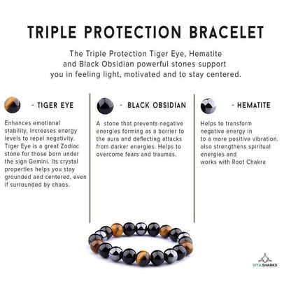 Triple Protection Bracelet - Tiger's Eye, Obsidian & Hematite - Unisex Triple Protection Bracelet featuring Tiger's Eye, Obsidian & Hematite. Shields against negative energy, provides EMF protection & boosts strength. Buy Now at Sacred Remedy