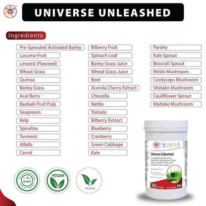 Universe Unleashed | Alkalising & Detoxification Enzyme Supplement - Organic superfood powder with 35 ingredients, including Spirulina, Reishi & Vitamin C. Boost immunity, energy, digestion & detox. Vegan nutrition made easy! Buy Now at Sacred Remedy
