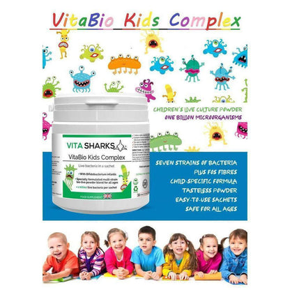 VitaBio Kids Complex | Childrens Probiotic Supplement. Immune & Optimum Health Support - A probiotic health supplement for kids, suitable for babies & children of all ages. Designed to support healthy levels of intestinal flora after a course of antibiotics or following a digestive upset. It can also offer immunity support when returning to playgroups or pre-school and germs and viruses can be prevalent. Buy Now at Sacred Remedy