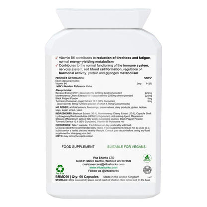 VitaBoost+ Beet | Montmorency Cherry & Beetroot Forrmula Antioxidant Supplement - A supplement high in bioavailable antioxidants (including anthocyanins) containing non-irritating iron; with black pepper increasing absorption and utilisation of the beneficial ingredients in the formula. Supporting the reduction of tiredness and fatigue, energy-yielding metabolism, immunity, red blood cell formation. Buy Now at Sacred Remedy