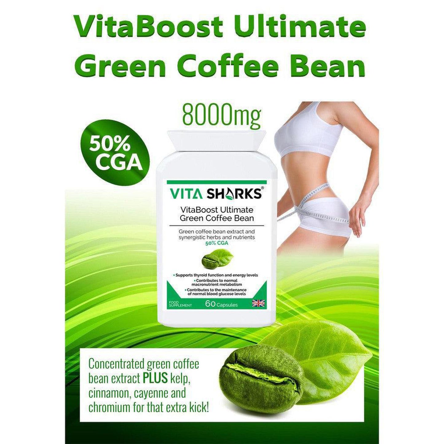 VitaBoost Ultimate Green Coffee Bean | Control Appetite & Cravings while Optimising Training - VitaBoost Ultimate Green Coffee Bean is a high-strength UK-manufactured supplement with 50% Chlorogenic Acid (CGA). Formulated with Kelp, Cinnamon, Cayenne and Chromium. It may support the balance of sugar levels and weight by slowly releasing glucose after meals. Achieve your new year goals and strive for optimal results with VitaBoost Ultimate Green Coffee Bean. Buy Now at Sacred Remedy