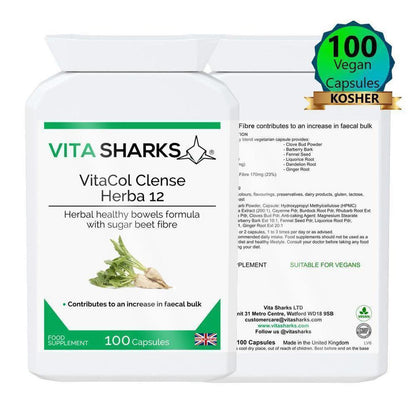 VitaCol Cleanse Herba 12 | Potent Herbal Colon Cleanser. Soften Stool & Expel Intestinal Mucus - Popular with colonic hydrotherapists, VitaCol Cleanse Herba 12 contains a range of active herbal ingredients specifically selected to contribute to an increase in faecal bulk & normal bowel function. They also act to gently cleanse, stimulate and tone the bowel wall, supporting a move towards unassisted bowel movements. Buy Now at Sacred Remedy