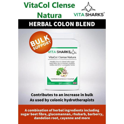 VitaCol Cleanse & Clear Natura | Fast Acting, High Strength Colon Cleanser - A fast-acting colon cleanser, designed for the chronically constipated in need of strong treatment for a blocked bowel. Purgatives have been combined with carminatives to prevent griping. A tried and tested combination of active ingredients known as the ultimate herbal laxative. Sugar beet fibre has also been added to the formula, to offer specific support for an increase in faecal bulk and normal bowel function. Buy Now at Sacred 
