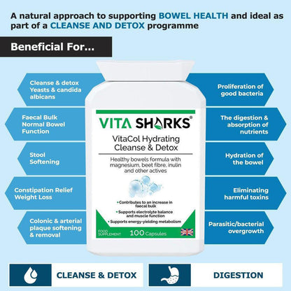 VitaCol Hydrating Clense & Detox | Magnesium Bowel Hydrating, Electrolyte Formula - A powerful, yet gentle, non-habit forming health supplement colonics formula, with nutrients specifically selected to contribute to an increase in faecal bulk and normal bowel function. Buy Now at Sacred Remedy