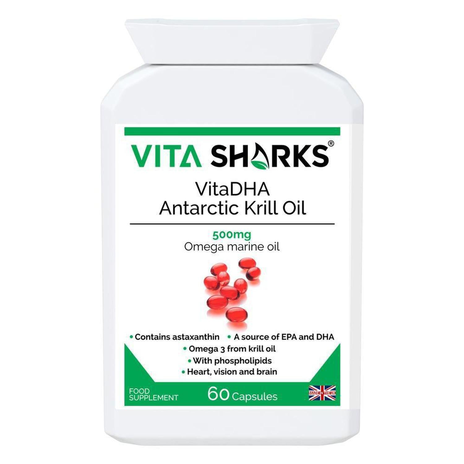 VitaDHA Antarctic Krill Oil | A 500mg High Strength Source of Omega 3, Phospholipids & Astaxanthin - VitaDHA Antarctic Krill Oil is a powerful antioxidant and a natural source of high concentration omega 3 oil. Krill oil is used for the same reasons as cod liver oil, flax oil and other omega 3 fatty acids, but is often favoured because it does not cause fishy burps or an after-taste - a common side effect of fish oil. Buy Now at Sacred Remedy