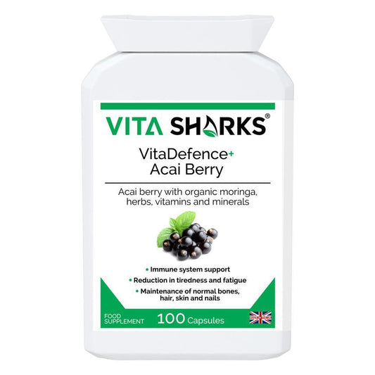 VitaDefence+ Brazilian Acai Berry | Potent Antioxidant & Immune Support Supplement - Rich in Vitamins, Minerals, Phyto-Nutrients & Polyphenols; all-round support for energy, immunity, health and vitality. Protection against free radical damage, support for Bones, Skin, hair and nails. Beneficial for; Weight loss Inflammation, Blood sugar levels, Cholesterol levels & Protection against premature ageing. Buy Now at Sacred Remedy