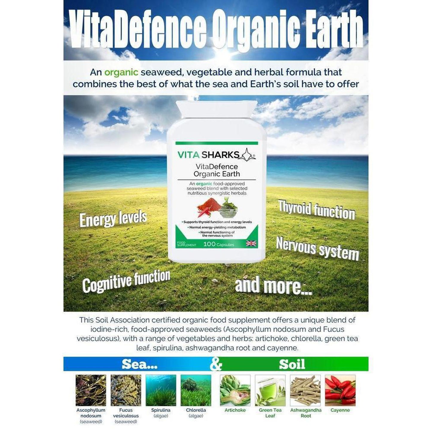 VitaDefence Organic Earth | Organic, Iodine Rich, Alkalising & Detox Supplement - A powerful all-in-one alkalising, cleansing, detoxification and daily nourishment formula, which combines the best of nutrient-dense foods from both the sea and Earth’s soil. This food supplement is iodine-rich and high in a broad spectrum of protective nutrients, including antioxidants, phyto-chemicals, polyphenols, enzymes, amino acids, vitamins and minerals. Buy Now at Sacred Remedy