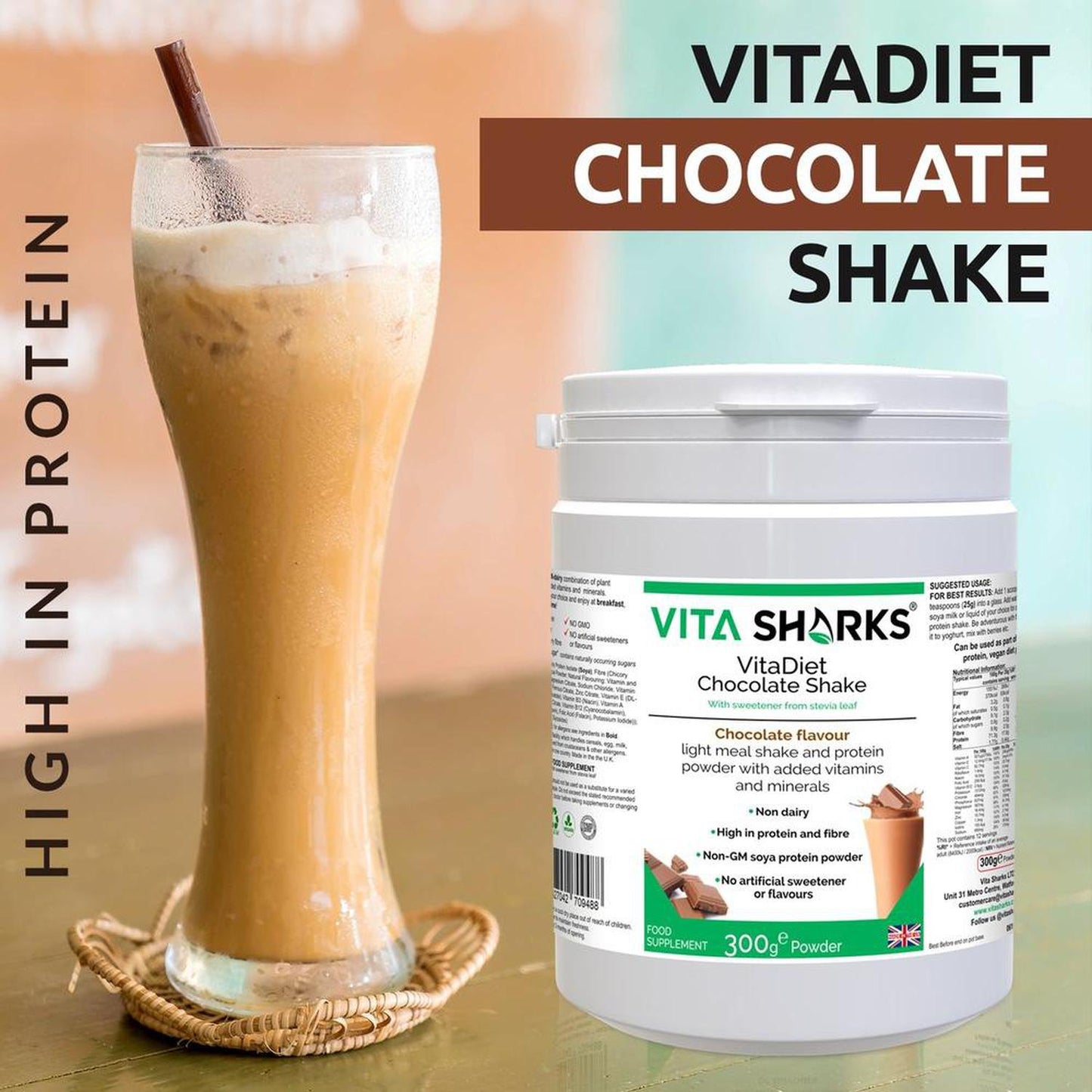 VitaDiet Chocolate Shake | Dairy-Free, Vegan, Non-GMO Soy Isolate Meal Replacement Shake - A dairy-free, gluten-free & vegan meal shake & non-GM soya isolate protein powder that has been fortified with vitamins and minerals. High in protein, low in saturated fat & with no artificial sweeteners, this chocolate flavoured daily shake is also high in dietary fibre. A tasty, guilt-free dessert - just 93 calories per serving! Also available in Vanilla Flavour. Buy Now at Sacred Remedy