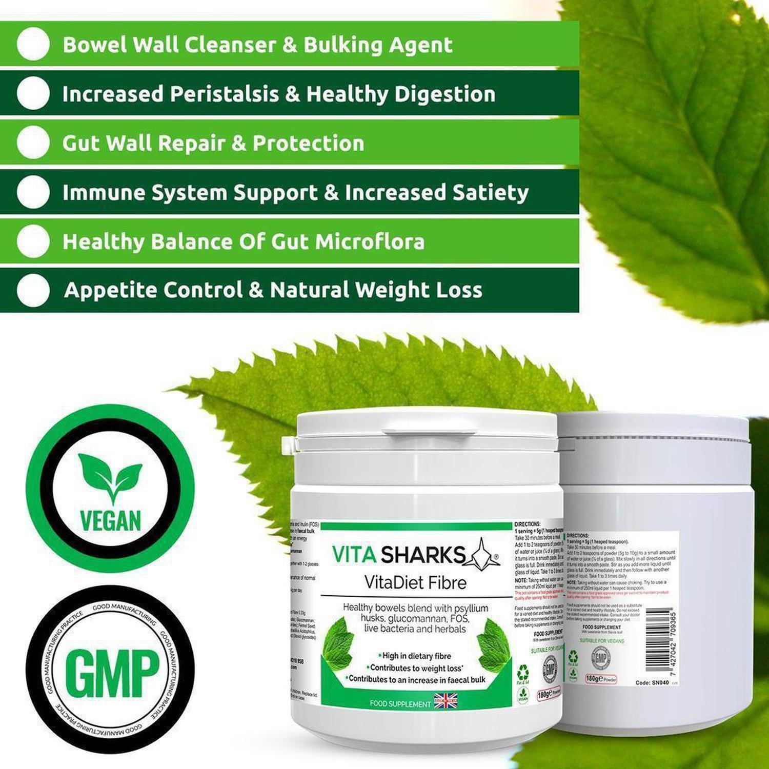 VitaDiet Fibre | High Dietary Fibre Based Colon Cleanser. Bulk & Weight Loss Blend - An all-in-one dietary fibre based colon cleanser, detoxification & weight loss health supplement with a special combination of psyllium husks, glucommanan, sugar beet fibre, L-Glutamine, prebiotics, probiotics, gut-soothing herbs and stevia leaf extract. Ideal for long-term use as a bowel cleanser and detoxifier. Buy Now at Sacred Remedy