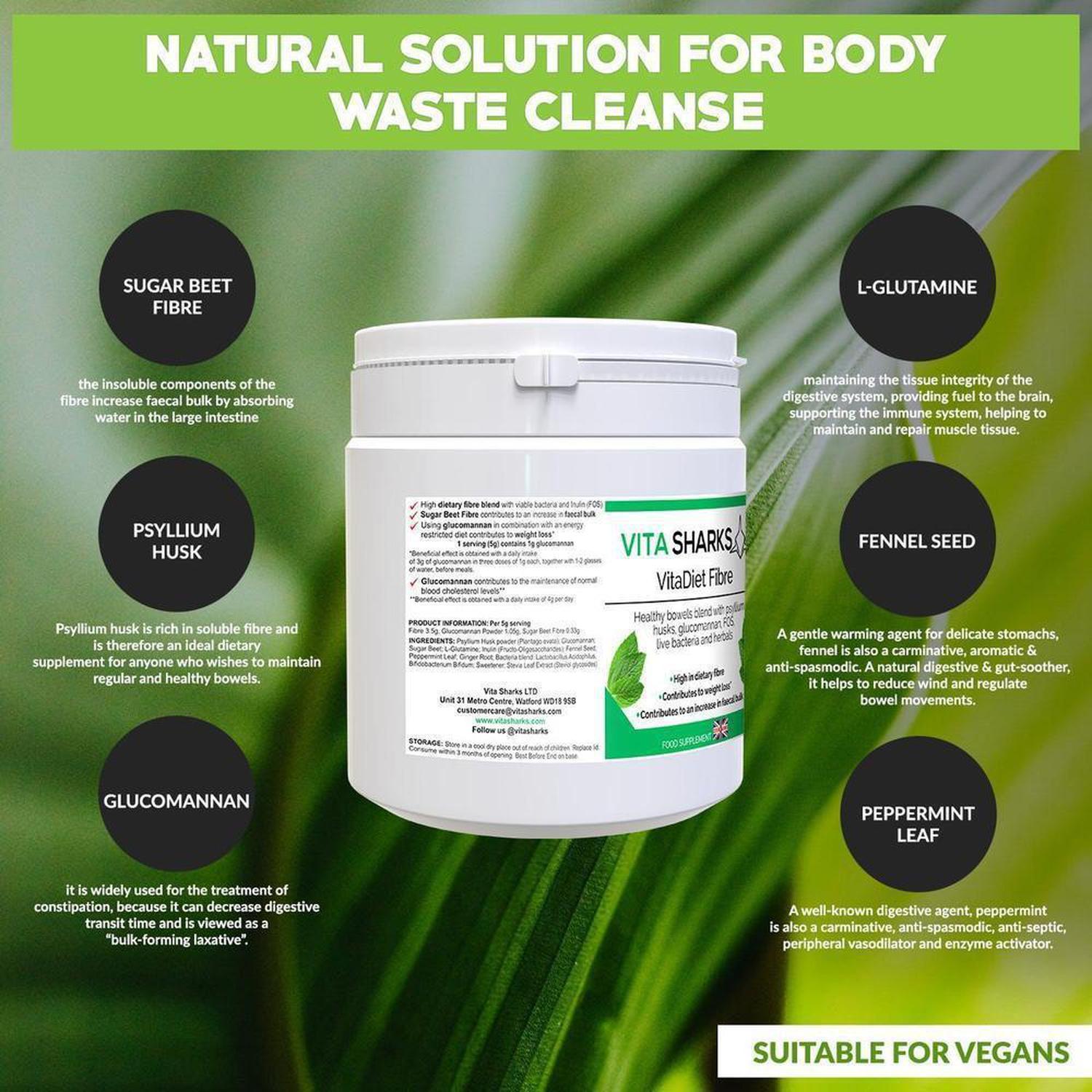 VitaDiet Fibre | High Dietary Fibre Based Colon Cleanser. Bulk & Weight Loss Blend - An all-in-one dietary fibre based colon cleanser, detoxification & weight loss health supplement with a special combination of psyllium husks, glucommanan, sugar beet fibre, L-Glutamine, prebiotics, probiotics, gut-soothing herbs and stevia leaf extract. Ideal for long-term use as a bowel cleanser and detoxifier. Buy Now at Sacred Remedy
