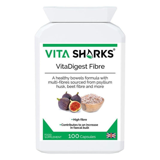 VitaDigest Fibre | Multi-Fibre Nutritional Complex to Increase Faecal Bulk & Soften Stools - A multi-fibre blend, providing 513mg of dietary fibre per capsule. The high-quality fibre is derived from psyllium husk, flaxseed, sugar beet, prune juice, fig fruit, rhubarb, pectin and other naturally high-fibre foods and herbs. Buy Now at Sacred Remedy