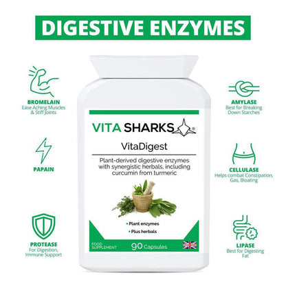 VitaDigest | High Strength Plant Digestive Enzymes. Immunity, Health & Vitamin Support - A high-strength health supplement which combines a broad spectrum range of plant-derived digestive enzymes with carminative, anti-spasmodic and gut-soothing herbs. A unique blend to aid the digestive system naturally and healthily. Buy Now at Sacred Remedy