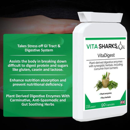 VitaDigest | High Strength Plant Digestive Enzymes. Immunity, Health & Vitamin Support - A high-strength health supplement which combines a broad spectrum range of plant-derived digestive enzymes with carminative, anti-spasmodic and gut-soothing herbs. A unique blend to aid the digestive system naturally and healthily. Buy Now at Sacred Remedy