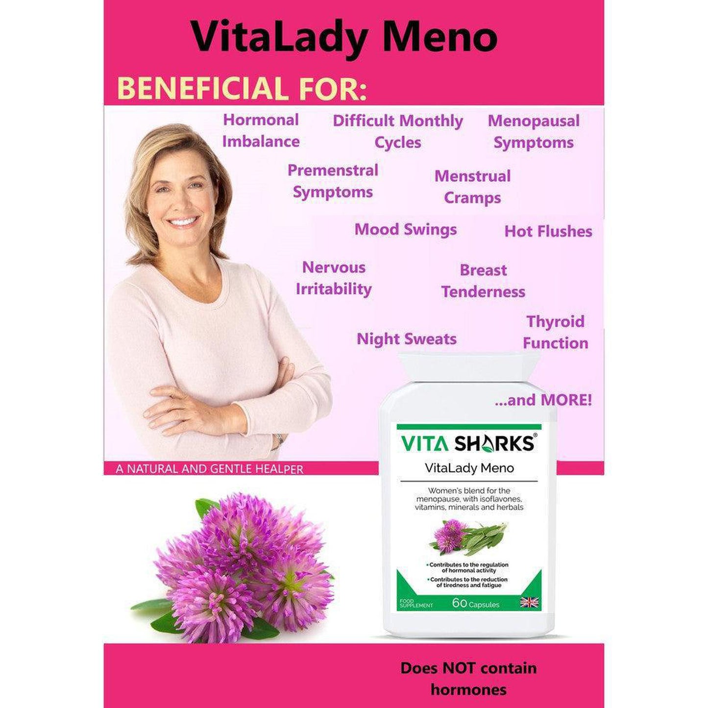 VitaLady Meno | Support for PMS, Perimenopause, Menopause & Uncomfortable Cycles - Monthly cycles & the menopause is no fun. Try our natural menopause support to help you feel wonderful. A traditional combination formula, designed to help gently relieve discomfort. May help improve the frequency / intensity of hot flashes and disrupted sleep at night. All natural & plant-based ingredients. Buy Now at Sacred Remedy