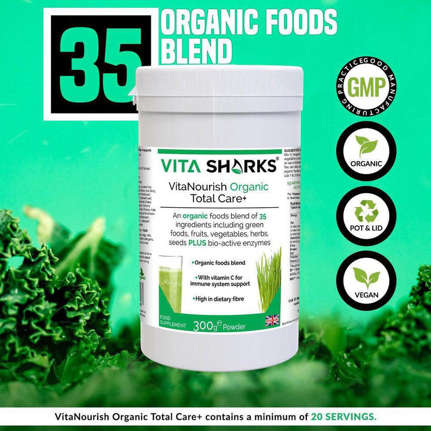 VitaNourish Organic Total Care+ | High Fibre, Green Shake with Bio-Active Enzymes - 35 green foods, vegetables, fruits, berries, herbs, sprouts, mushrooms & seeds plus bio-active enzymes. Organic vegan nutrition made easy, with food form vitamin C plus plant protein. Great all-round health supplement to support immunity, digestion (bulk), energy levels, cleansing, detoxification alkalising of the body Buy Now at Sacred Remedy