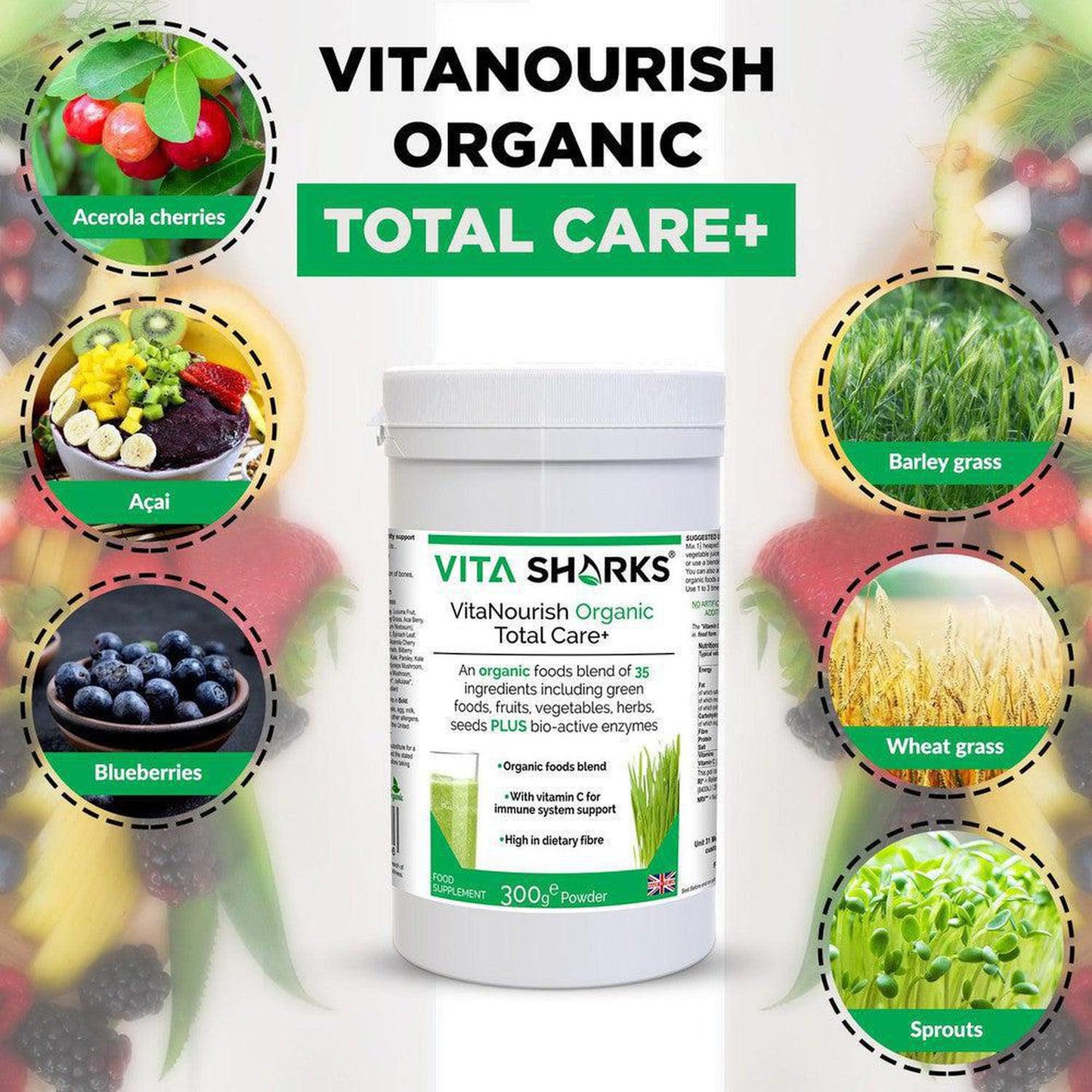 VitaNourish Organic Total Care+ | High Fibre, Green Shake with Bio-Active Enzymes - 35 green foods, vegetables, fruits, berries, herbs, sprouts, mushrooms & seeds plus bio-active enzymes. Organic vegan nutrition made easy, with food form vitamin C plus plant protein. Great all-round health supplement to support immunity, digestion (bulk), energy levels, cleansing, detoxification alkalising of the body Buy Now at Sacred Remedy