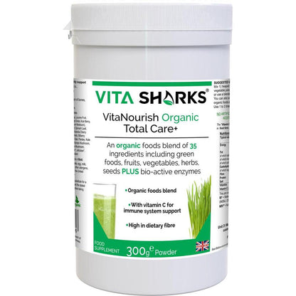 VitaNourish Organic Total Care+ | High Fibre, Green Shake with Bio-Active Enzymes - 35 green foods, vegetables, fruits, berries, herbs, sprouts, mushrooms & seeds plus bio-active enzymes. Organic vegan nutrition made easy, with food form vitamin C plus plant protein. Great all-round health supplement to support immunity, digestion (bulk), energy levels, cleansing, detoxification alkalising of the body Buy Now at Sacred Remedy