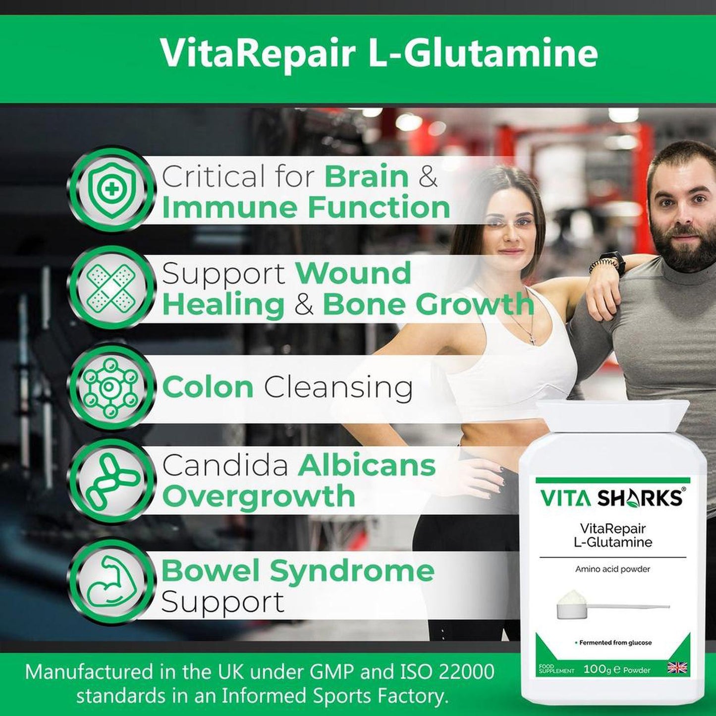 VitaRepair L-Glutamine | Pure Amino Acid Powder for Digestive Health & Gut Wall Integrity - L-Glutamine the natural form of glutamine, is needed for a wide range of repair & maintenance functions, such as wound healing, muscle & bone growth, digestive health & gut wall integrity. This pure amino acid powder is used by athletes following gruelling training routines (it breaks down uric acid from proteins). Buy Now at Sacred Remedy