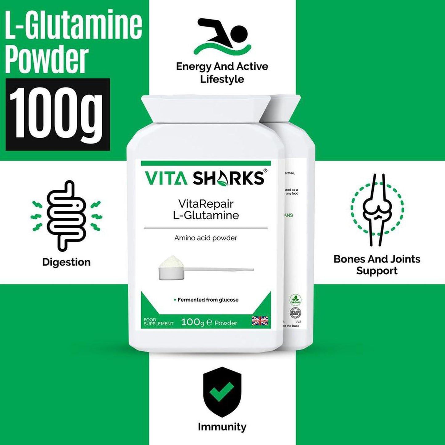 VitaRepair L-Glutamine | Pure Amino Acid Powder for Digestive Health & Gut Wall Integrity - L-Glutamine the natural form of glutamine, is needed for a wide range of repair & maintenance functions, such as wound healing, muscle & bone growth, digestive health & gut wall integrity. This pure amino acid powder is used by athletes following gruelling training routines (it breaks down uric acid from proteins). Buy Now at Sacred Remedy