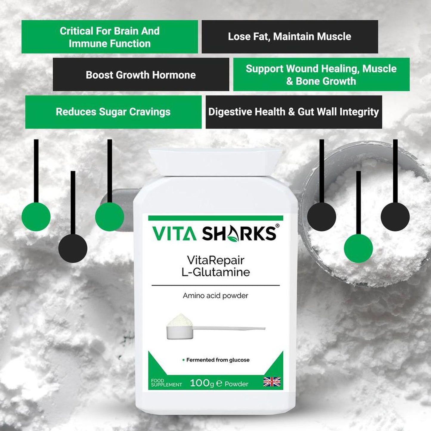 VitaRepair L-Glutamine | Pure Amino Acid Powder for Digestive Health & Gut Wall Integrity - L-Glutamine the natural form of glutamine, is needed for a wide range of repair & maintenance functions, such as wound healing, muscle & bone growth, digestive health & gut wall integrity. This pure amino acid powder is used by athletes following gruelling training routines (it breaks down uric acid from proteins). Buy Now at Sacred Remedy