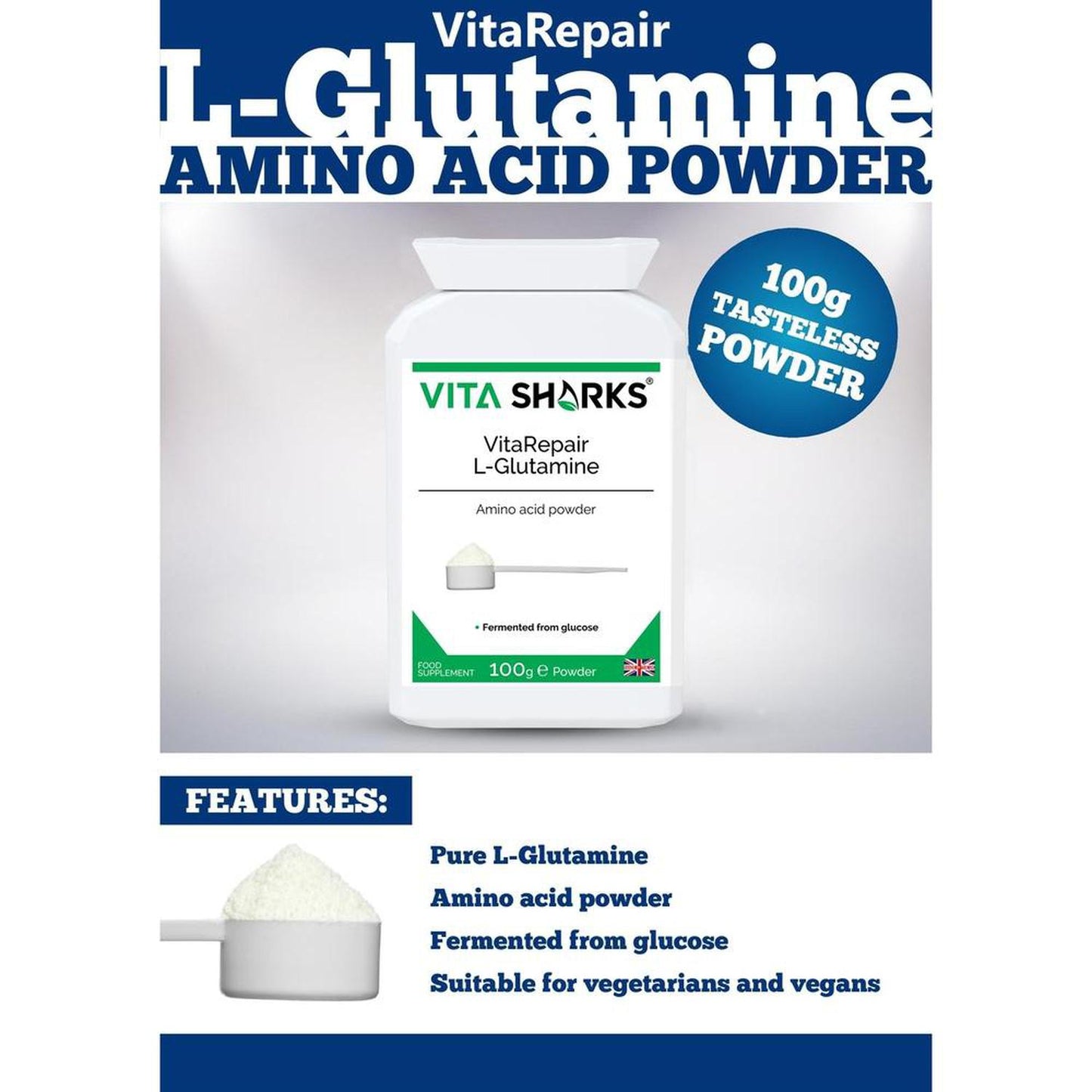 VitaRepair L-Glutamine | Pure Amino Acid Powder for Digestive Health & Gut Wall Integrity - L-Glutamine the natural form of glutamine, is needed for a wide range of repair & maintenance functions, such as wound healing, muscle & bone growth, digestive health & gut wall integrity. This pure amino acid powder is used by athletes following gruelling training routines (it breaks down uric acid from proteins). Buy Now at Sacred Remedy