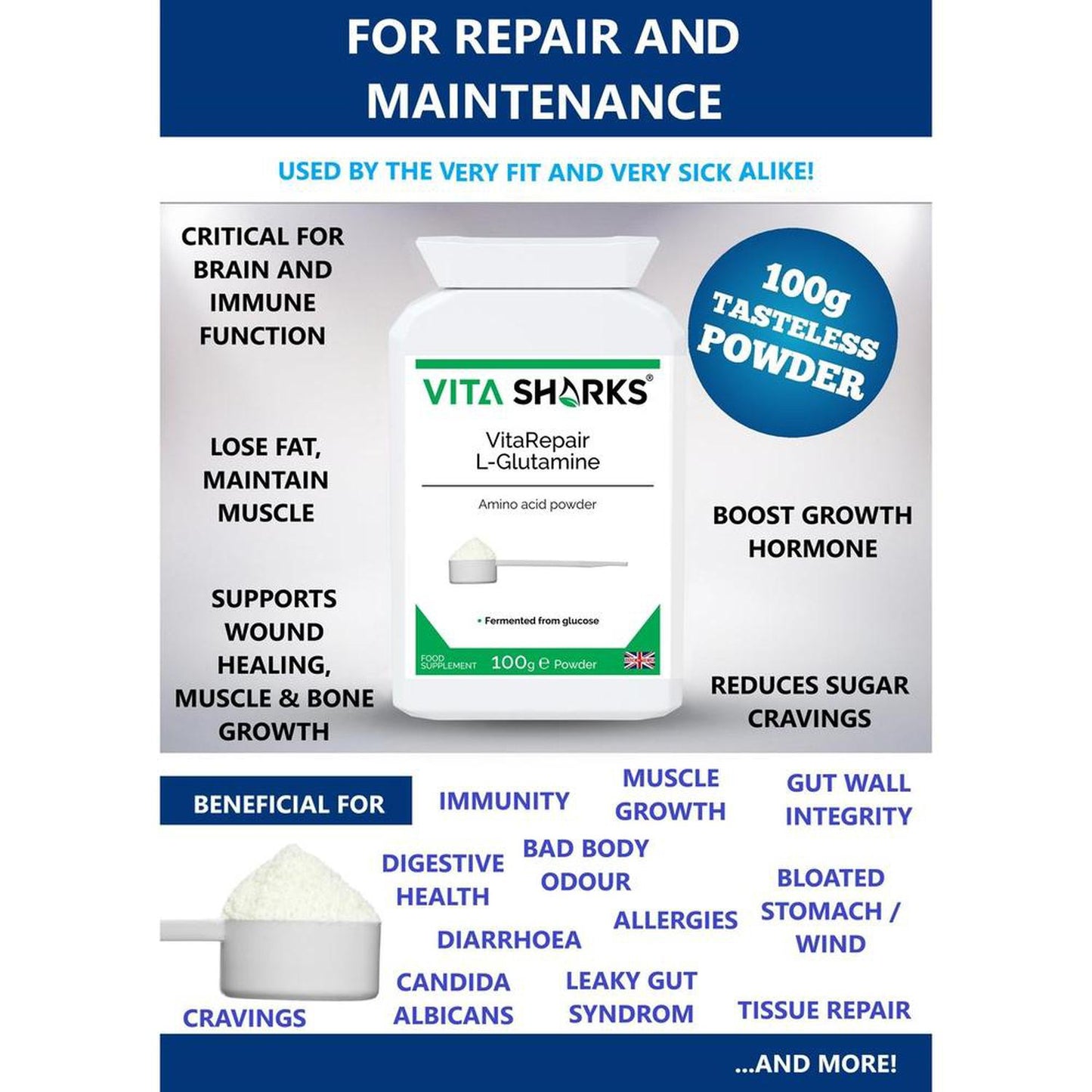 VitaRepair L-Glutamine | Pure Amino Acid Powder for Digestive Health & Gut Wall Integrity - L-Glutamine the natural form of glutamine, is needed for a wide range of repair & maintenance functions, such as wound healing, muscle & bone growth, digestive health & gut wall integrity. This pure amino acid powder is used by athletes following gruelling training routines (it breaks down uric acid from proteins). Buy Now at Sacred Remedy