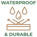 Logo indicating waterproof and durable properties with water droplets and a barrier.