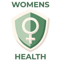 Shield emblem with female symbol and 'WOMENS HEALTH' text on a white background