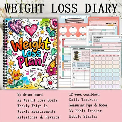 Wellness Diary & Weight Loss Tracker | A5 Spiral Bound Journal - Stay motivated with our A5 Wellness Diary. 52 weeks of meal, exercise, and progress tracking in a quirky, colourful design. Shop holistic health at Sacred Remedy. Buy Now at Sacred Remedy