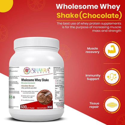 Wholesome Whey Protein Shake (Chocolate) Premium Quality Concentrate & Isolate - Made with easy-to-digest whey protein concentrate and isolate, our Wholesome Whey Shake (Chocolate) is perfect for post-workout recovery or as a healthy snack anytime of day. It's also hormone-free, non-GMO, and gluten-free, making it a great choice for those with dietary restrictions. Buy Now at Sacred Remedy