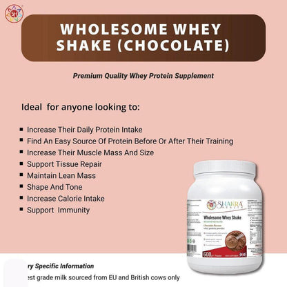 Wholesome Whey Protein Shake (Chocolate) Premium Quality Concentrate & Isolate - Made with easy-to-digest whey protein concentrate and isolate, our Wholesome Whey Shake (Chocolate) is perfect for post-workout recovery or as a healthy snack anytime of day. It's also hormone-free, non-GMO, and gluten-free, making it a great choice for those with dietary restrictions. Buy Now at Sacred Remedy