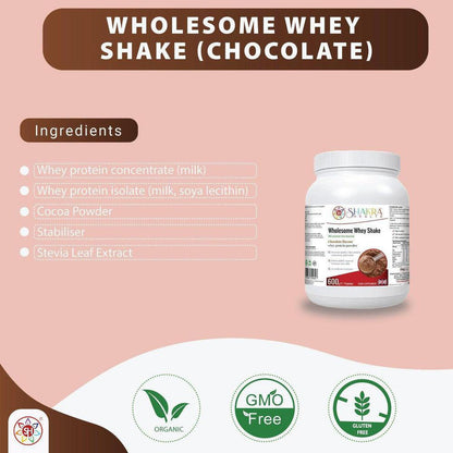 Wholesome Whey Protein Shake (Chocolate) Premium Quality Concentrate & Isolate - Made with easy-to-digest whey protein concentrate and isolate, our Wholesome Whey Shake (Chocolate) is perfect for post-workout recovery or as a healthy snack anytime of day. It's also hormone-free, non-GMO, and gluten-free, making it a great choice for those with dietary restrictions. Buy Now at Sacred Remedy