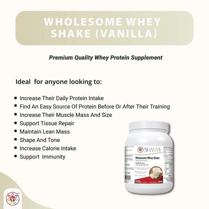 Wholesome Whey Protein Shake (Vanilla) Premium Quality Whey Concentrate & Isolate - Wholesome Whey Shake Vanilla is a protein shake made with whey protein concentrate and isolate, sourced from cows in the EU and Britain. It is gluten-free and contains no artificial sweeteners or colors. Other ingredients include milk, soy lecithin, stevia leaf extract, and xanthan gum. Buy Now at Sacred Remedy