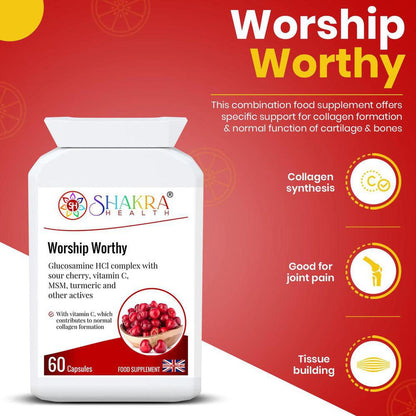 Worship Worthy | Bone, Joint, Cartilage & Connective Tissue Formula - Vegan joint support complex with Glucosamine, MSM, Turmeric (Curcumin) & Vitamin C. Promotes collagen, hair, skin, nails, and an active, pain-free lifestyle. Buy Now at Sacred Remedy