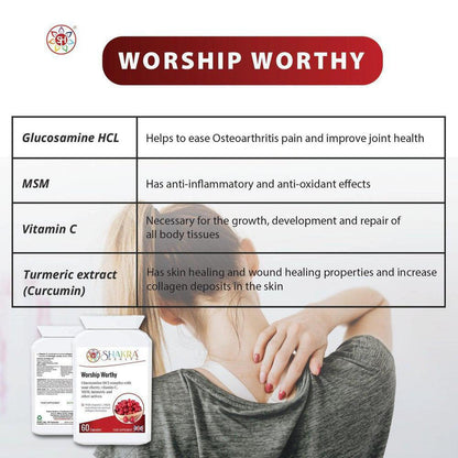 Worship Worthy | Bone, Joint, Cartilage & Connective Tissue Formula - Vegan joint support complex with Glucosamine, MSM, Turmeric (Curcumin) & Vitamin C. Promotes collagen, hair, skin, nails, and an active, pain-free lifestyle. Buy Now at Sacred Remedy