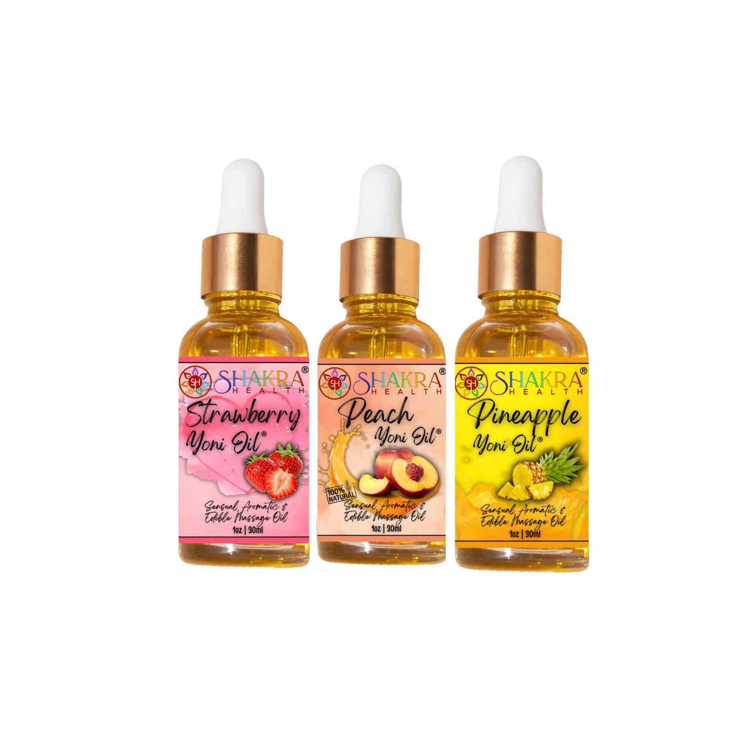 Edible Yoni Oil Fruity Bundle | Strawberry, Peach & Pineapple - Indulge in fun self-care with our edible Yoni Oil bundle: sweet Strawberry, juicy Peach, and tantalising Pineapple. Perfect for sensual, playful massage! Buy Now at Sacred Remedy