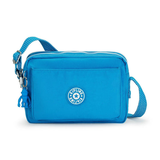 Kipling Abanu mini crossbody bag in Eager Blue with an adjustable strap, front pocket, and signature monkey keychain.