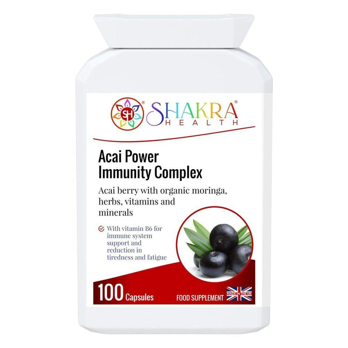 White bottle of Shakra Health Acai Power Immunity Complex capsules with an image of dark acai berries on the label.