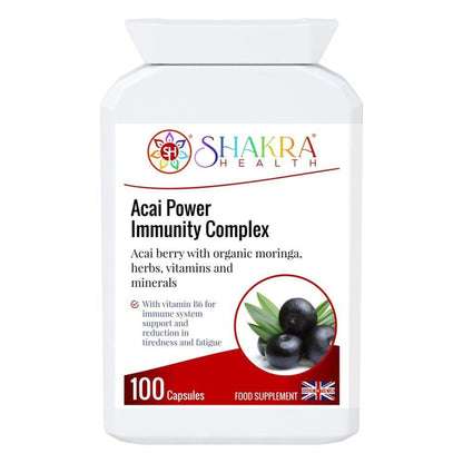 White bottle of Shakra Health Acai Power Immunity Complex capsules with an image of dark acai berries on the label.