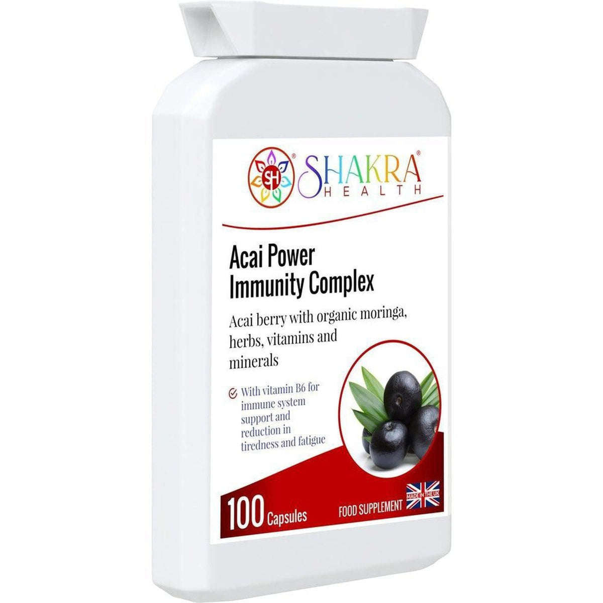 White plastic bottle of Shakra Health Acai Power Immunity Complex capsules with a label featuring acai berries.