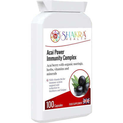 White plastic bottle of Shakra Health Acai Power Immunity Complex capsules with a label featuring acai berries.