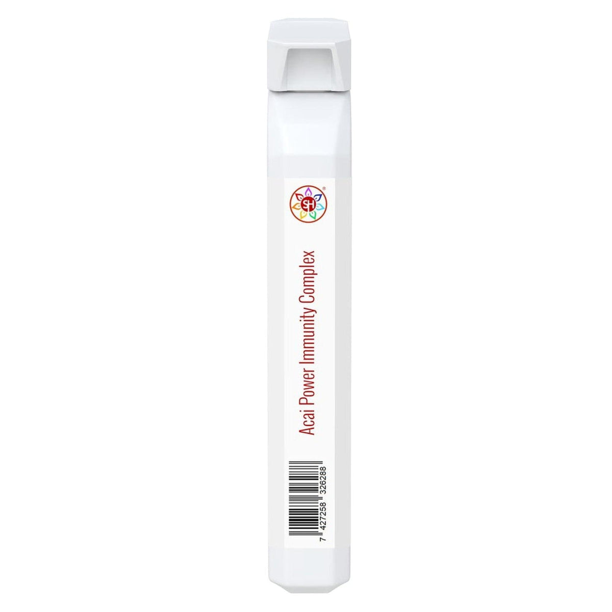 White slim Acai Power Immunity Complex supplement stick with a colorful logo and barcode on a clean background.