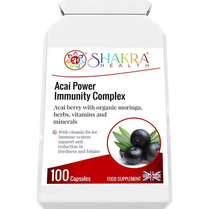 White bottle of Shakra Health Acai Power Immunity Complex capsules with a label featuring dark acai berries and red accents.