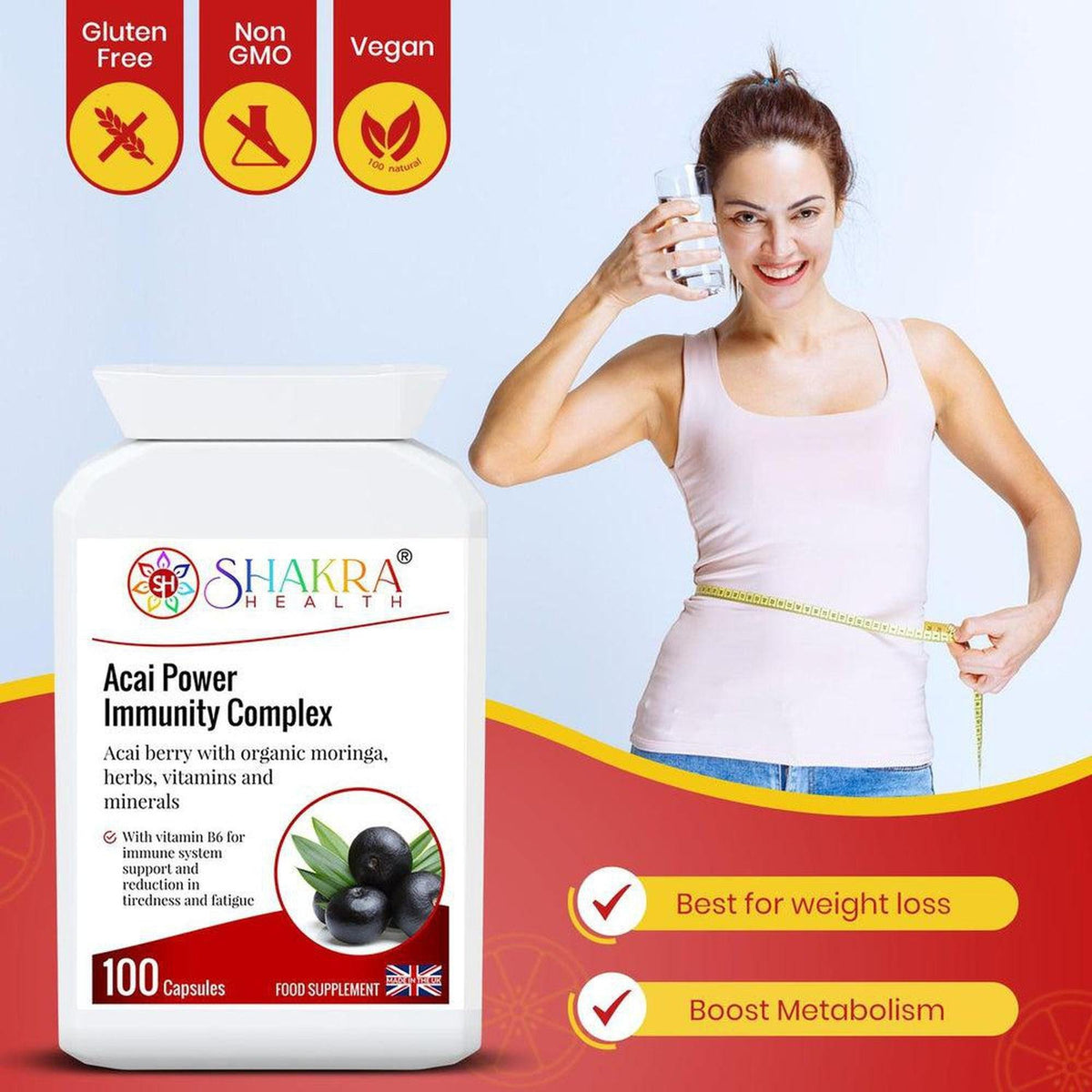 Shakra Health Acai Power Immunity Complex bottle next to a woman measuring her waist while holding a glass of water.