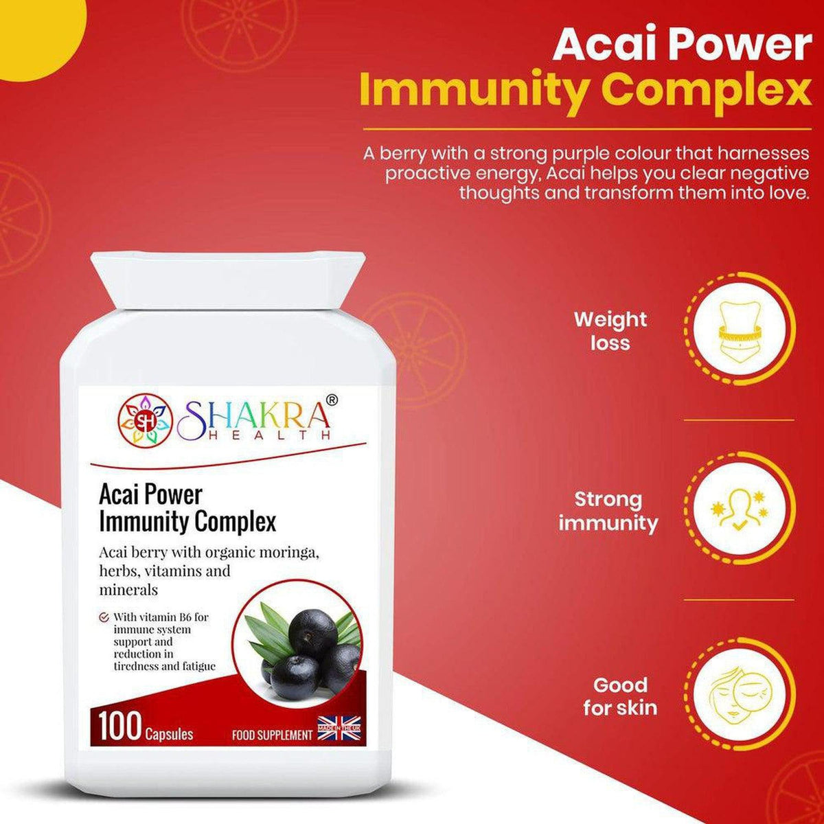 White supplement bottle of Acai Power Immunity Complex with 100 capsules on a red background with health benefit icons.