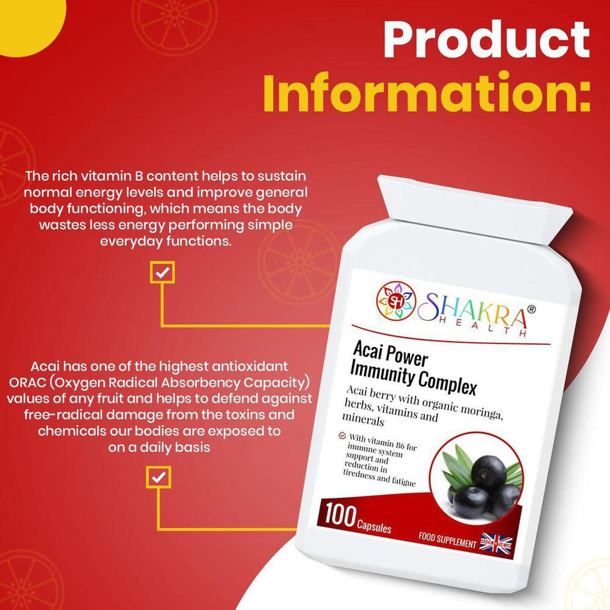 White bottle of Shakra Health Acai Power Immunity Complex capsules with a label featuring acai berries on a red background.