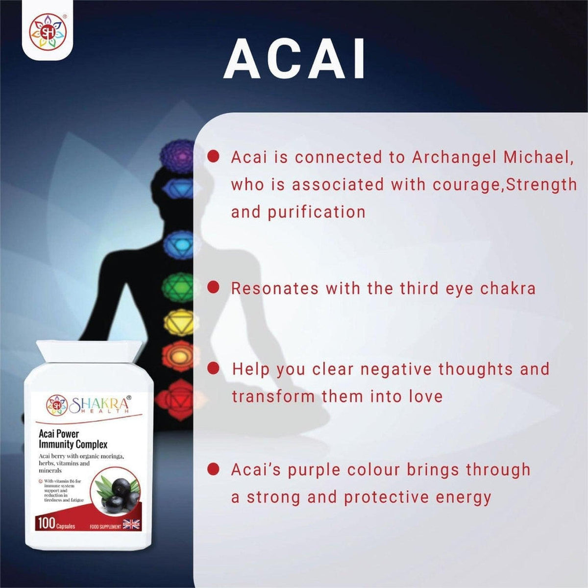 Acai Power Immunity Complex supplement bottle next to a chakra silhouette graphic on a light background.